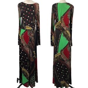 Etro Patchwork Mixed Print Maxi Dress Long Flowy Sleeves Gown Black Green Gold S